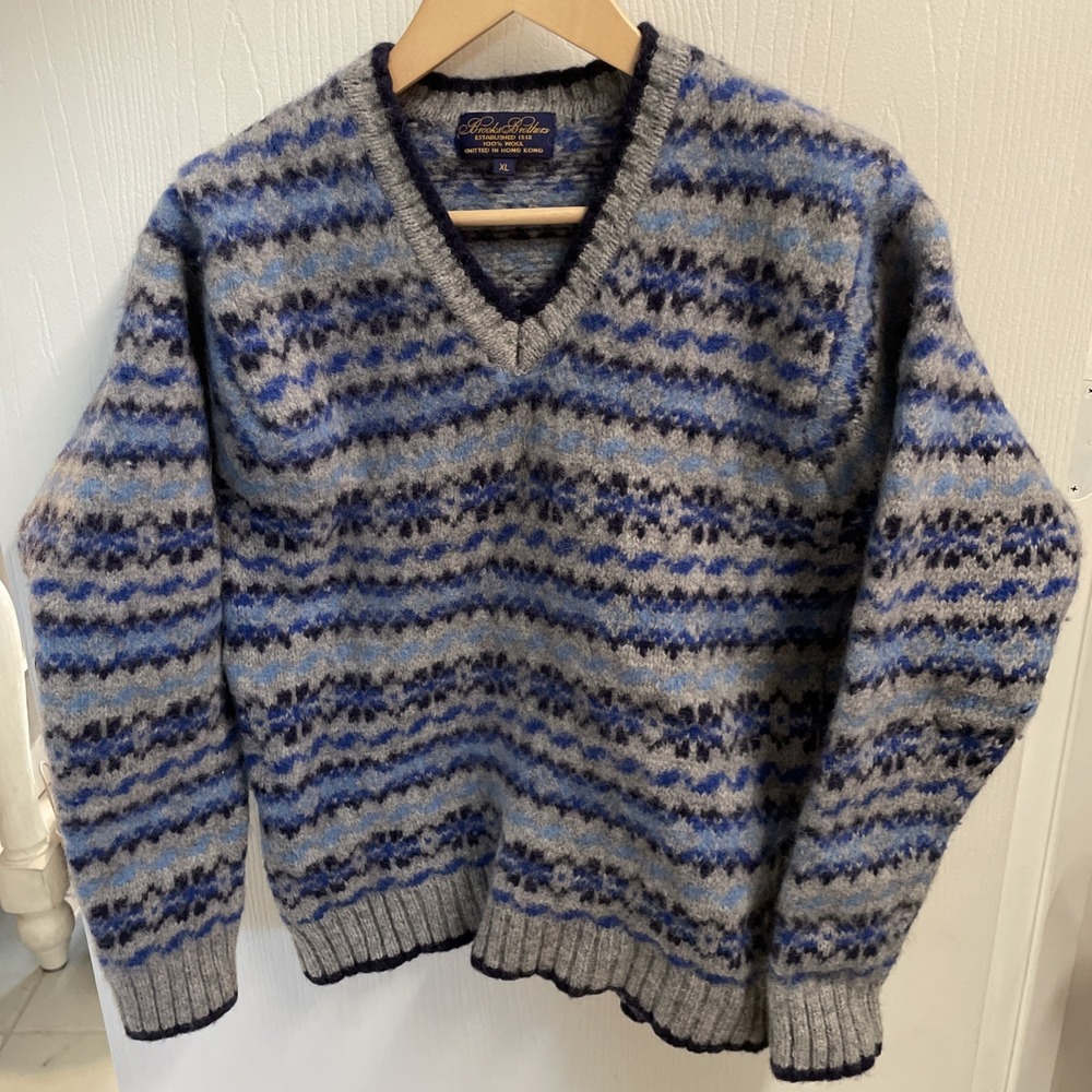 VTG Brooks Brothers Wool Knit Faire Isle Snowflake V Neck Pullover Sweater XL - Picture 1 of 10